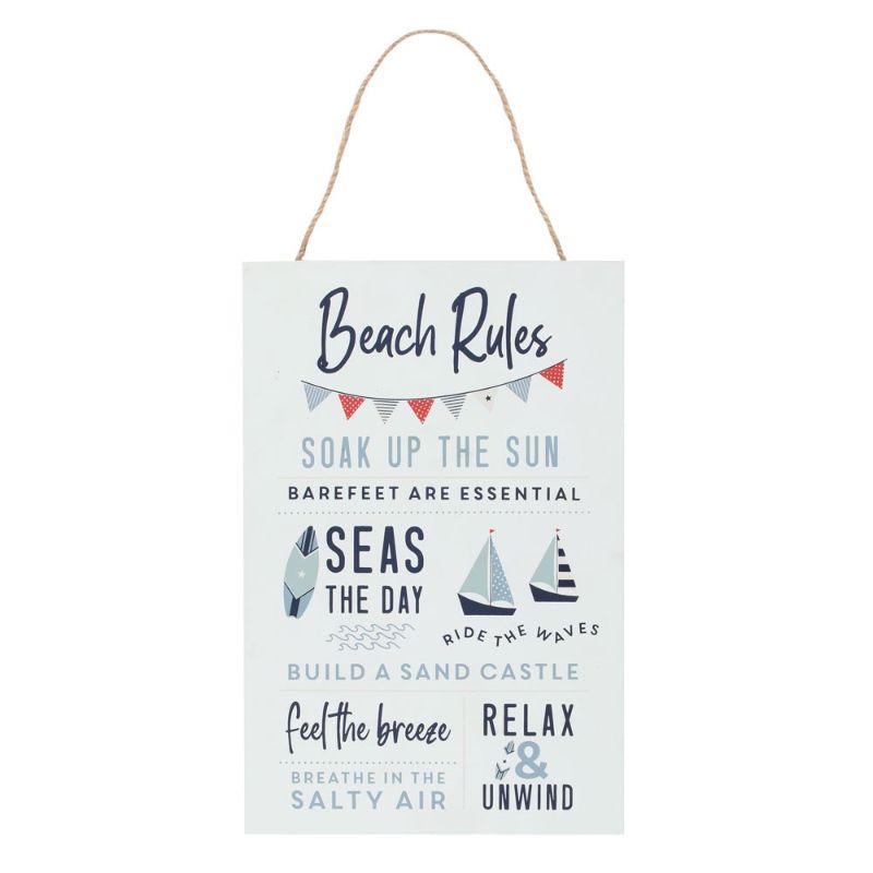 Vibrant Surf's Up Beach Rules MDF sign with surfboard and sailboat designs, featuring essential beach rules for coastal decor.