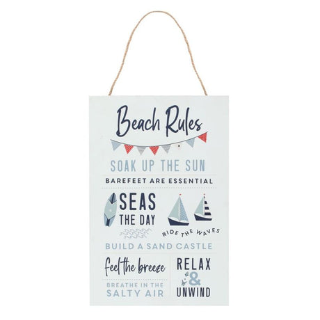 Vibrant Surf's Up Beach Rules MDF sign with surfboard and sailboat designs, featuring essential beach rules for coastal decor.