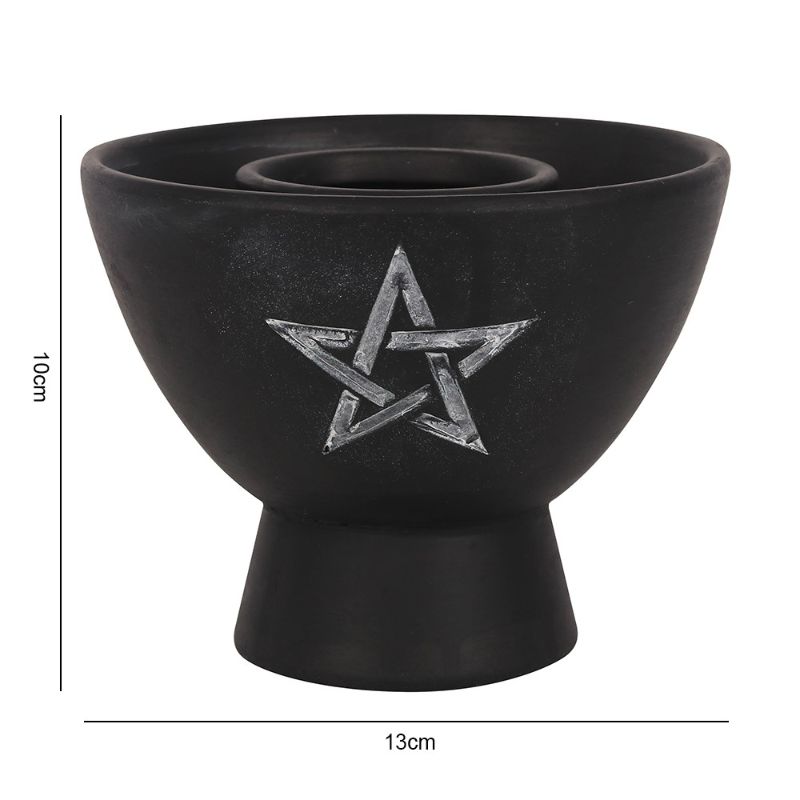 Black terracotta smudge bowl with white pentagram design, perfect for burning herbs and enhancing spiritual rituals.