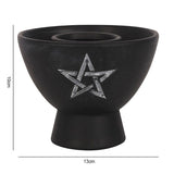 Black terracotta smudge bowl with white pentagram design, perfect for burning herbs and enhancing spiritual rituals.