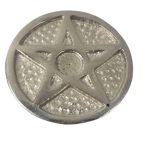Elegant aluminum incense holder featuring a pentacle design, perfect for catching ash and enhancing your spiritual space.