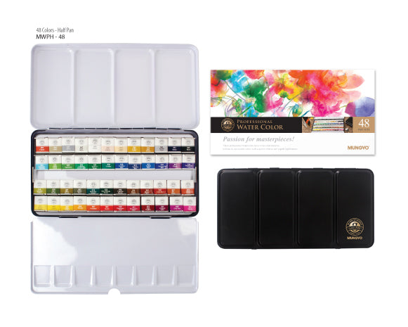 Mungyo Watercolour 48HP Set in luxury metal case with vibrant, lightfast colors and two fold-out palettes for artists.