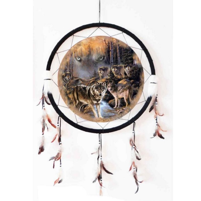 Round dreamcatcher featuring a bamboo ring, black velvet, faux fur trim, and tonal feathers for a wild home accent.