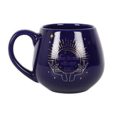 Blue Fortune Teller Colour Changing Mug displaying a crystal ball design that reveals hidden text when filled with warm beverages.