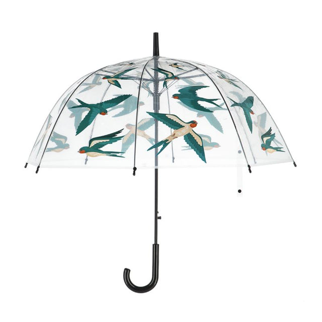 Transparent umbrella with charming barn swallows design, automatic open/close, perfect for stylish rainy day outings.