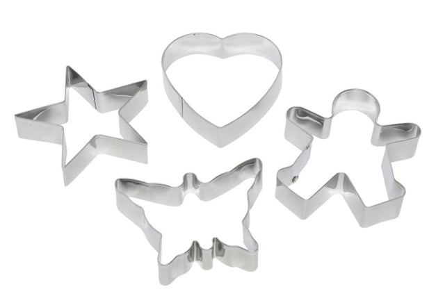 Set of 4 stainless steel cookie cutters in gingerbread man, butterfly, star, and heart shapes, ideal for baking and crafts.