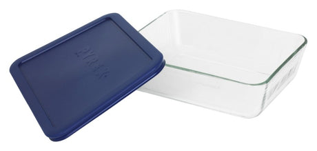 Pyrex Simply Store Rectangle 6 Cup in dark blue, microwave-safe with a durable lid, ideal for meal prep and storage.