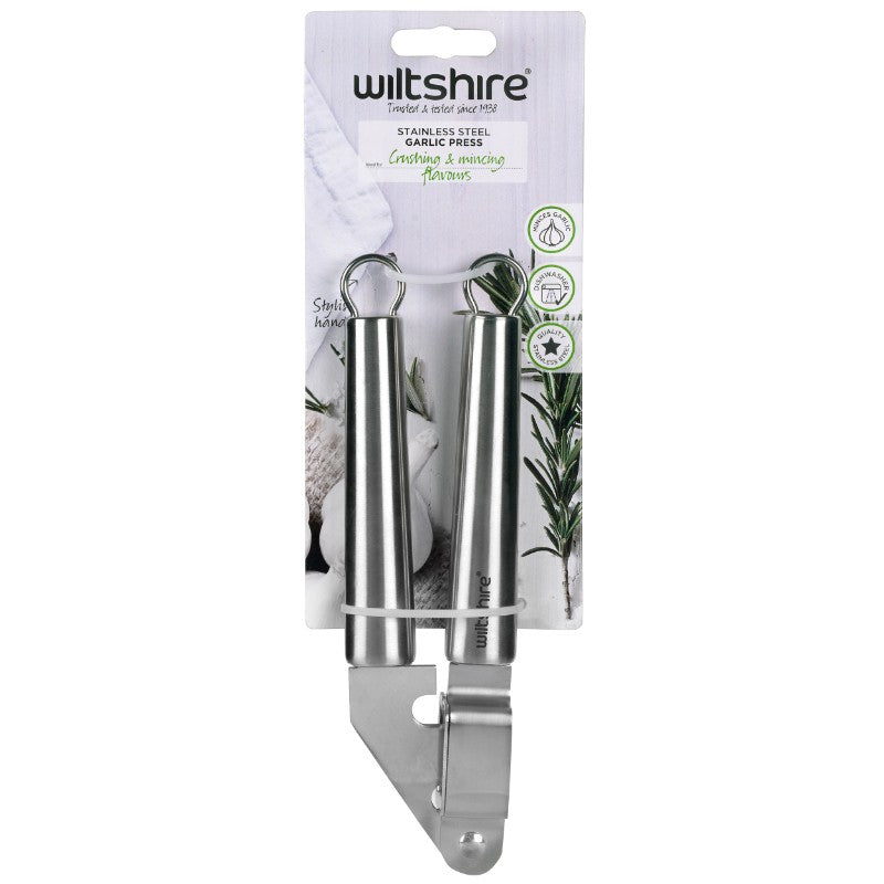 Stainless steel Wiltshire garlic press handle for easy garlic crushing, featuring an ergonomic design and removable sieve.