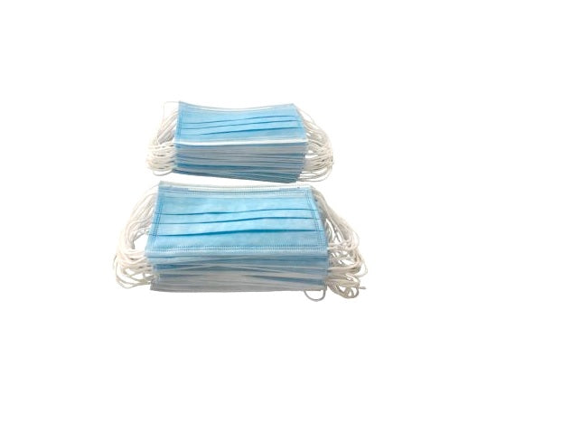 Blue disposable 3-ply medical face masks in a box of 50, featuring earloops and effective filtration against airborne pathogens.