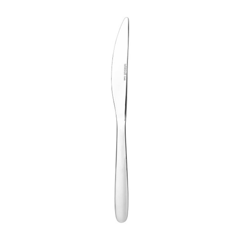 Set of 12 elegant Tablekraft cafe table knives in stainless steel with a satin finish, perfect for dining occasions.