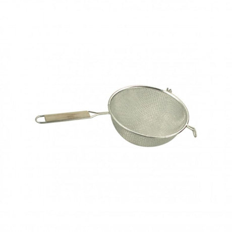 Fine mesh stainless steel strainer, 70mm size, perfect for straining liquids and rinsing grains with ergonomic handle.