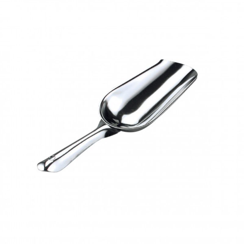 Sturdy 18/8 stainless steel ice scoop with ergonomic grip, ideal for efficient ice handling at home or events.