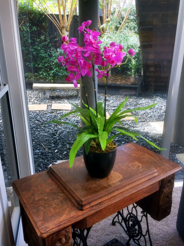 Large fuchsia artificial orchids in a vase, 750mm tall, perfect for adding color without maintenance.