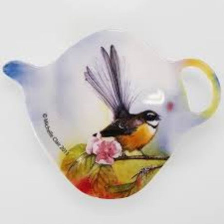 Set of 6 melamine tea bag holders featuring a charming New Zealand fantail design, perfect for tidy tea displays.
