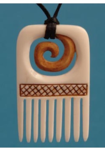 Bone Stained Comb Pendant featuring intricate Koru carvings, symbolizing growth, on a black adjustable cord.