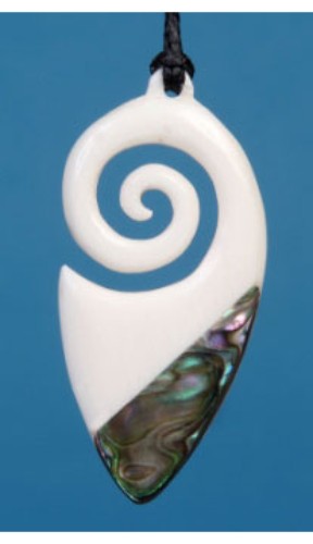 Bone Cornucopia Koru Pendant showcasing a unique cornucopia shape with Paua insert, symbolizing growth and abundance.