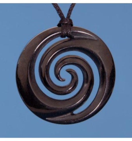 Bone Closed Koru Pendant in black stained beef bone, symbolizing growth and uniqueness, on adjustable wax cord.