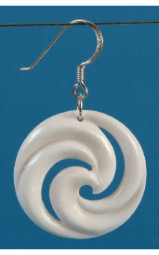 Bone Closed Koru Earrings in carved bone, 26mm diameter, symbolize new beginnings with unique color variations.