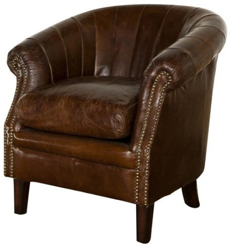 Vintage cigar leather chair featuring South American top grain leather, birch hardwood frame, and luxurious multi-layer cushioning.