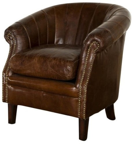 Vintage cigar leather chair featuring South American top grain leather, birch hardwood frame, and luxurious multi-layer cushioning.