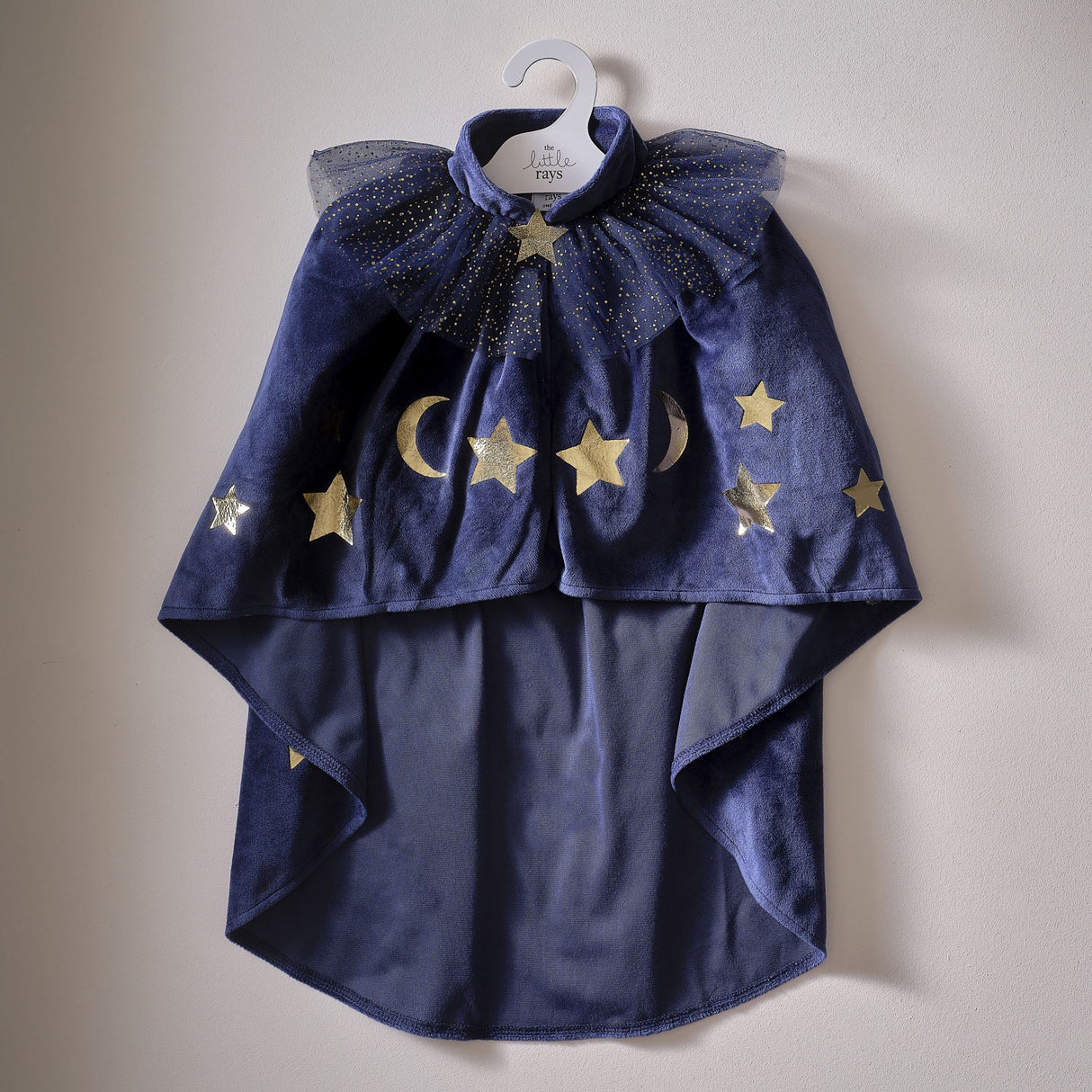 Luxurious navy velvet wizard cape with gold stars and moons, perfect for imaginative play and eco-friendly dress-up adventures.