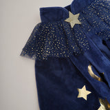 Navy velvet wizard cape with gold stars, moons, and tulle collar for imaginative play and dress-up fun.