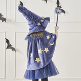 Luxurious navy velvet wizard cape for kids with gold stars, moons, and a playful tulle collar, perfect for imaginative play.