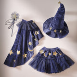 Navy velvet wizard cape adorned with gold stars and moons, perfect for imaginative play and dress-up adventures.