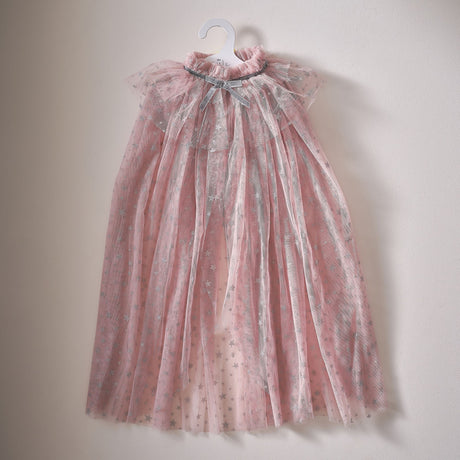 Fairy Princess Cape in pink and silver sparkle, crafted from soft tulle with stars, perfect for dress-up and imaginative play.