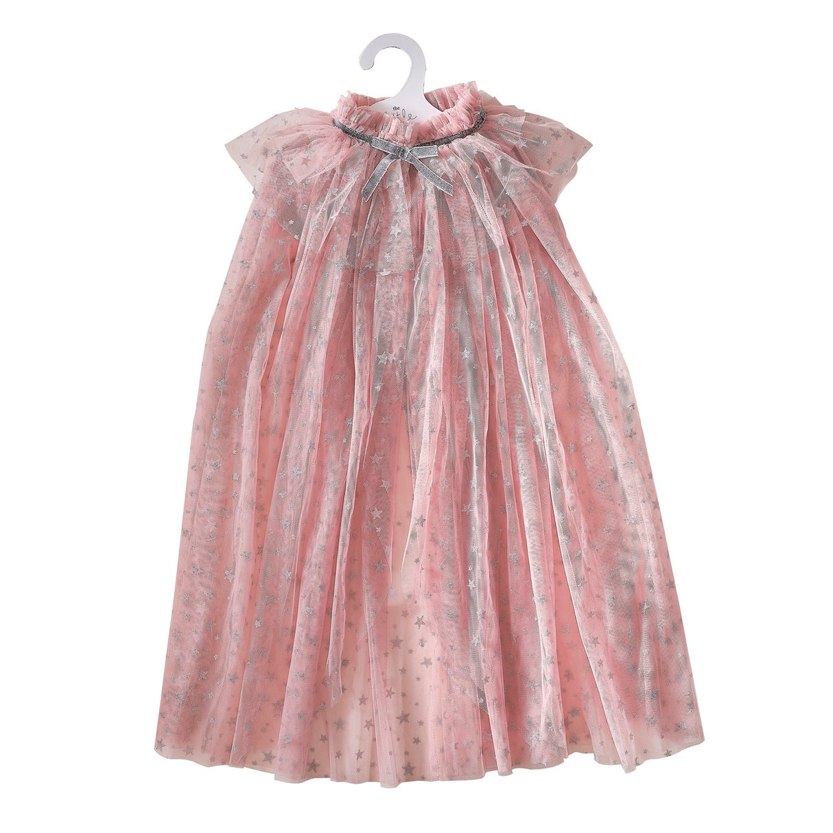 Enchanting pink and silver sparkle fairy cape with tulle, stars, and velvet ribbon tie for magical dress-up play.