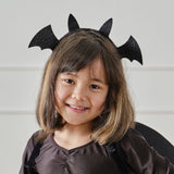 Black Sparkle Bat Headband with glitter wings, perfect for Halloween costumes and imaginative play, eco-friendly packaging.