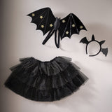 Black Sparkle Bat Headband featuring glittery wings, perfect for Halloween costumes and imaginative play, eco-friendly packaging included.