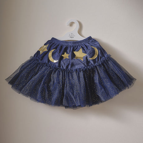 Navy velvet sparkle tutu for kids, featuring gold stars and moons, ideal for magical dress-up and imaginative play.