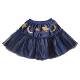 Navy velvet sparkle tutu for kids aged 3-5, featuring gold stars and moons, perfect for imaginative wizard dress-up.