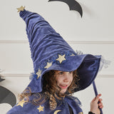 Navy velvet wizard hat with gold stars and tulle, perfect for kids' dress-up parties and Halloween costumes.