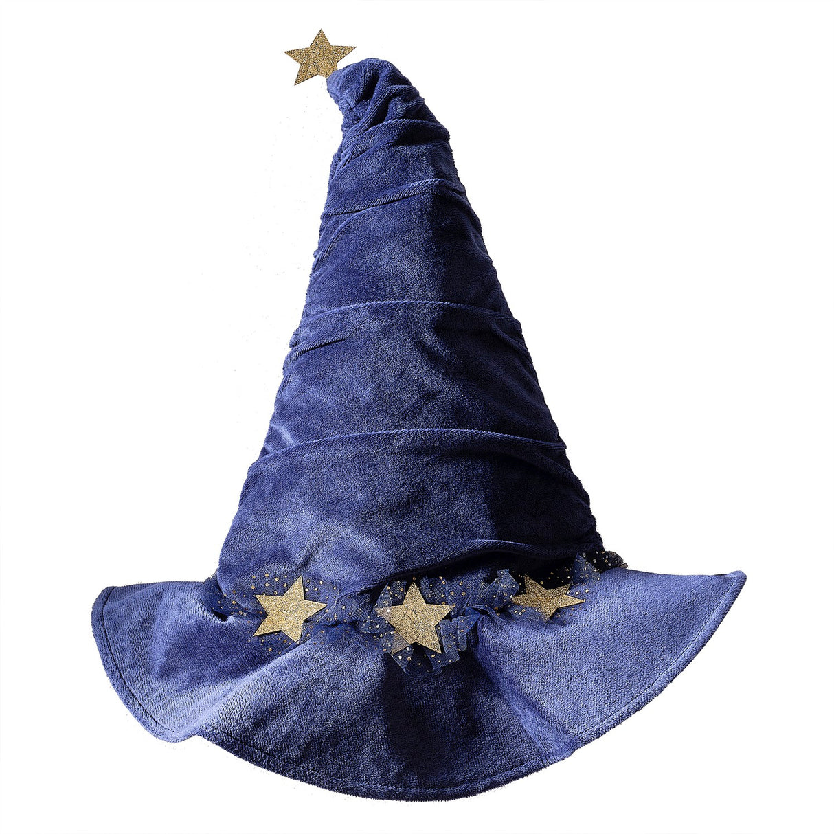 Navy velvet wizard hat with gold stars and tulle accents, perfect for imaginative play and eco-friendly fun.