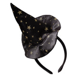 Witch hat headband in black satin with gold star embellishments, perfect for Halloween costumes and imaginative play.