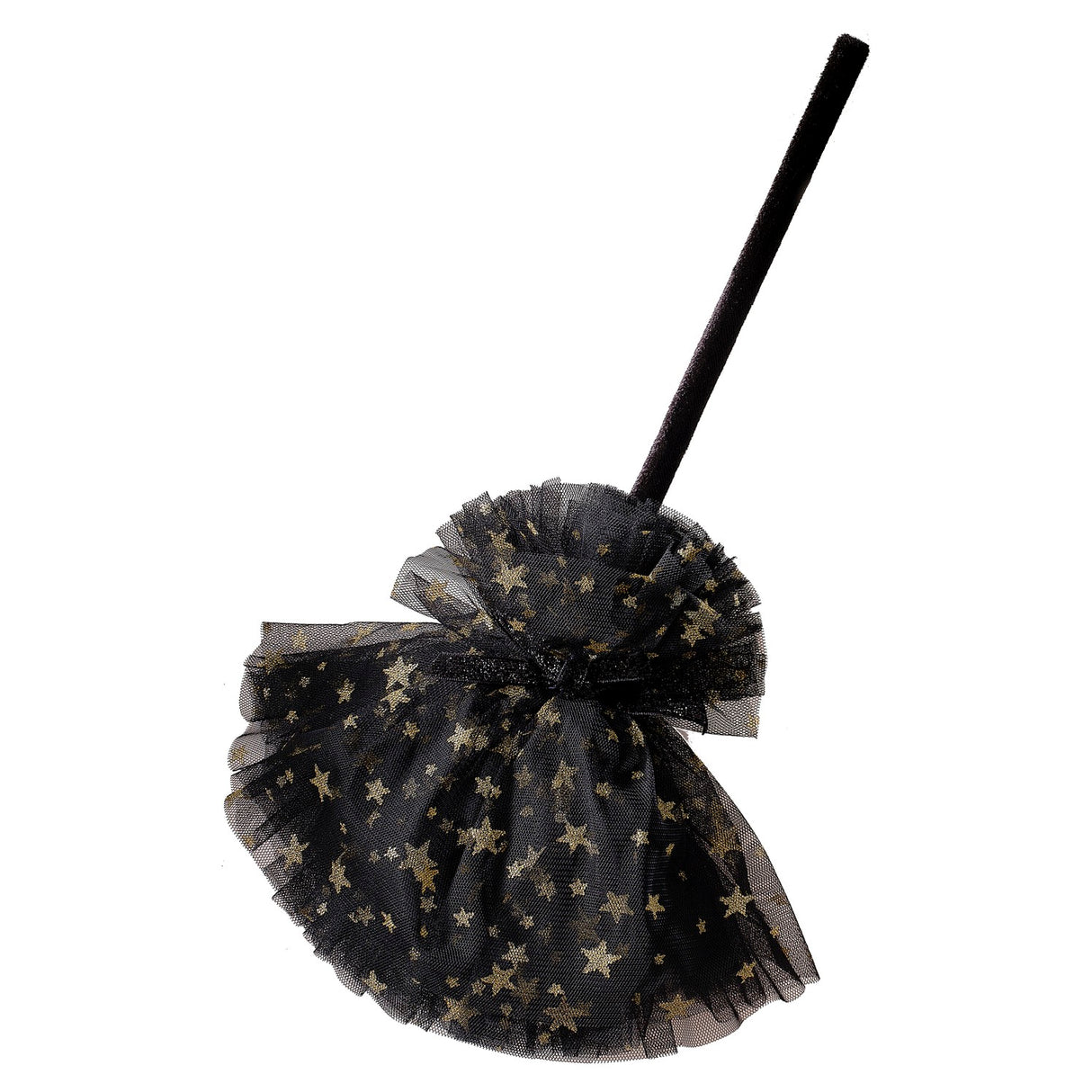 Black witches broom with shimmering gold stars, perfect for Halloween costumes and imaginative play. Eco-friendly, one size fits all.