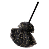 Black witches broom with shimmering gold stars, perfect for Halloween costumes and imaginative play. Eco-friendly, one size fits all.