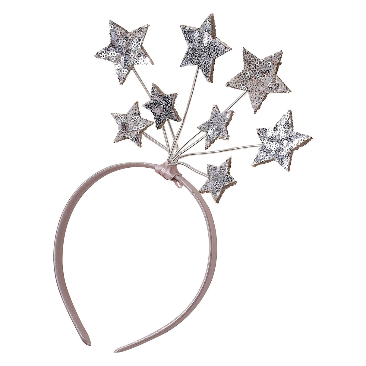 Fancy dress headband featuring a pink satin band with eight silver sequin stars, perfect for costumes and dress-up fun.