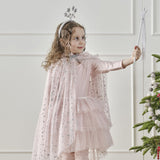 Pink satin headband adorned with eight shimmering silver sequin stars, perfect for fairy parties and fun dress-up.