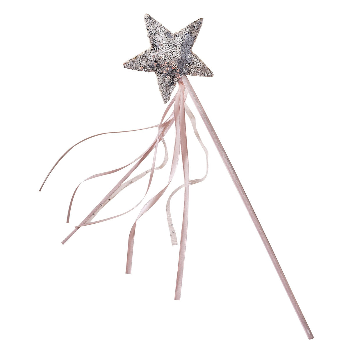 Enchanting pink satin wand with a sparkling silver star and ribbons, perfect for fairy-themed dress-up occasions.