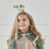 Gold satin headband adorned with eight glittering gold stars, perfect for festive celebrations and imaginative play.