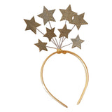 Gold satin headband adorned with eight glittery stars, perfect for festive dress-up and imaginative play.