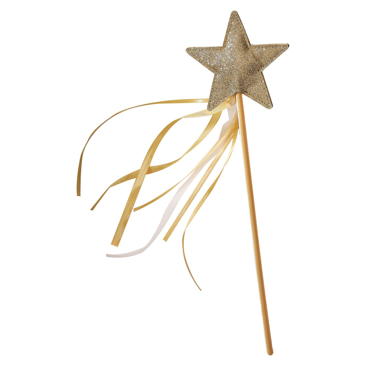 Gold satin fairy wand topped with a sparkling gold glitter star, perfect for parties and imaginative play.