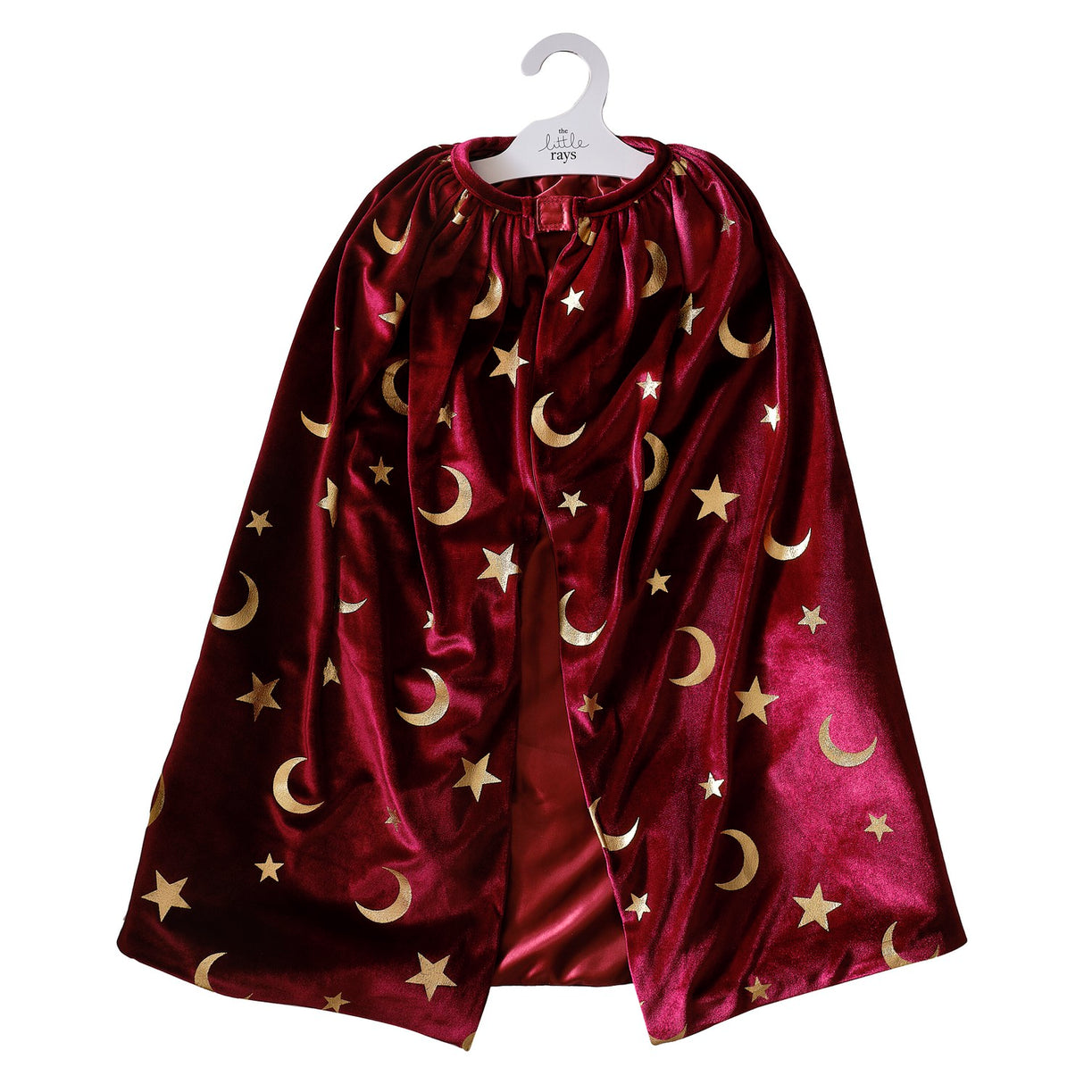 Luxurious burgundy velvet magician cape adorned with gold stars and moons, perfect for imaginative dress-up play.