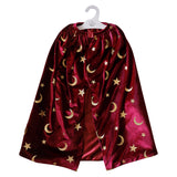 Luxurious burgundy velvet magician cape adorned with gold stars and moons, perfect for imaginative dress-up play.