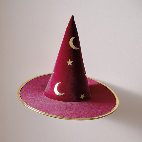 Burgundy velvet magician hat with gold stars and moons, perfect for imaginative play and magical moments.