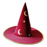 Burgundy velvet magician hat with gold stars and moons, ideal for imaginative play and themed events for kids.