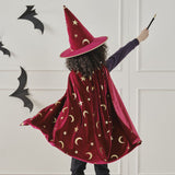 Burgundy velvet magician hat with gold stars and moons, perfect for imaginative play and themed events for kids.